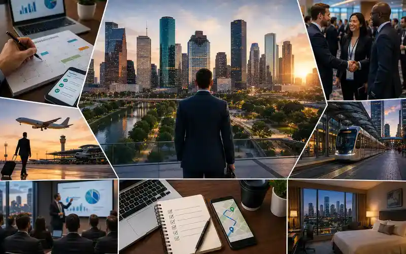 Advance planning during OTC Houston featuring executive travel coordination, hotel booking preparation, airport transportation logistics, conference scheduling, and Houston business travel management.